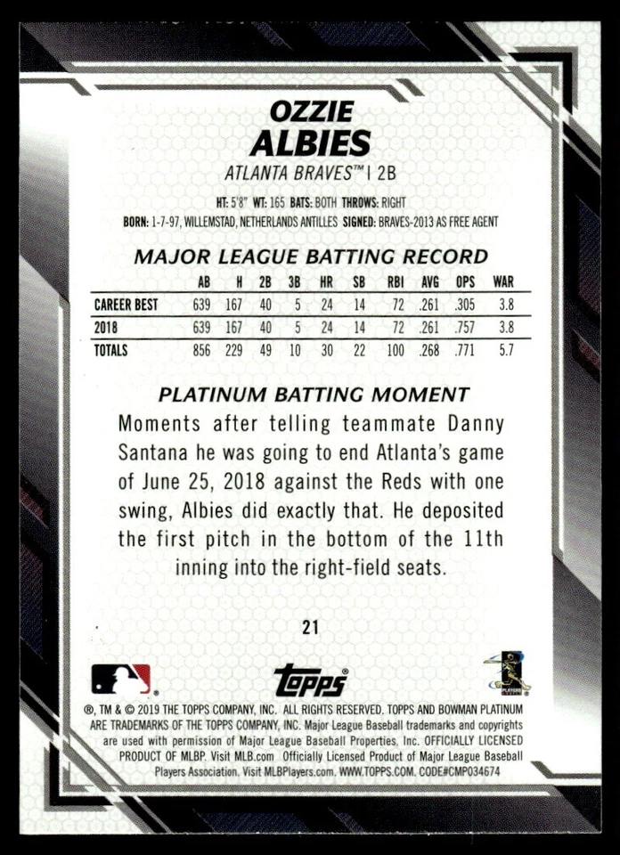 2019 Topps Museum Collection Ozzie Albies Atlanta Braves #5 - Image 2 of 2