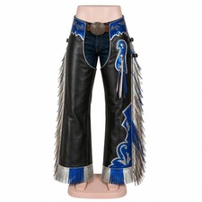 Western Fringe Chaps Black Blue Cowboy Biker Pants Cross Design Rodeo Outfit