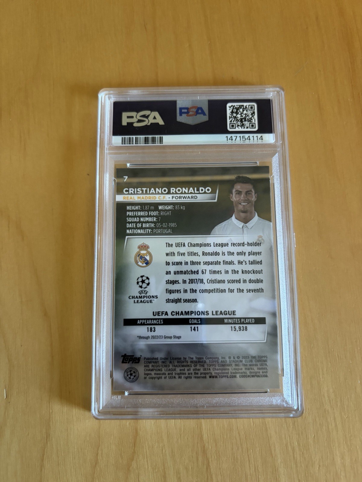 2022-23 Topps Stadium Club Cristiano Ronaldo PSA 10 Blue Prism Real Madrid view 2