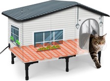 Weatherproof Heated Cat House Insulated Heating Feral Cat Shelter w/ Heated Pad