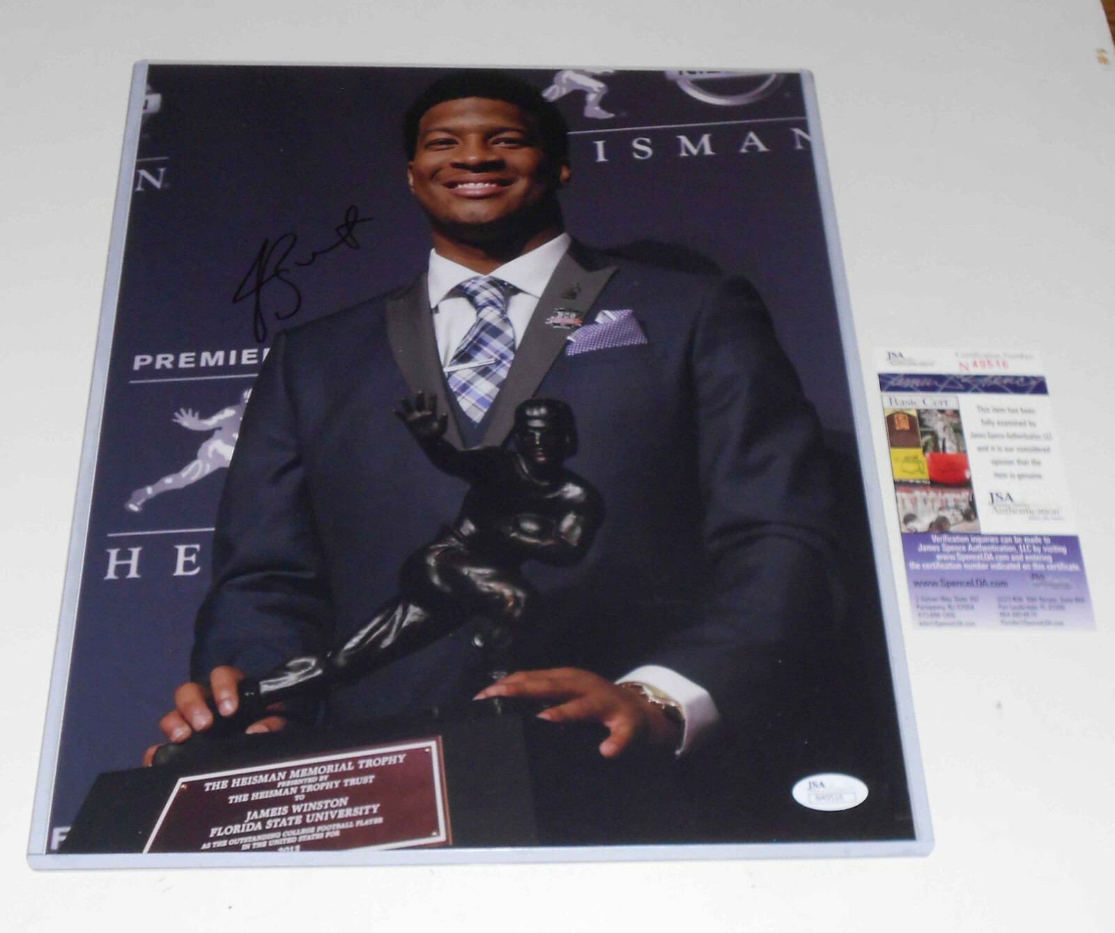 Jameis Winston Autographed Signed Heisman Trophy Winner QB 11x14 Photo Closeup JSA CERT 