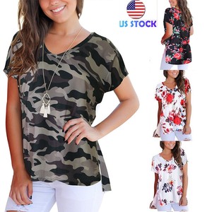 Women-Floral-Camo-Print-Tee-O-Neck-Short-Sleeve-Tops-Summer-Beach-Casual-Blouses