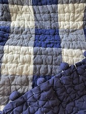 Pottery Barn Kids Blue Buffalo Check Plaid Pom Pom Baby Toddler Crib Quilt