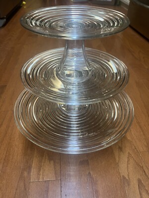 Anchor Hocking Park Avenue 3 Tier Ribbed Stacking Cake Stands Vintage (see Desc)