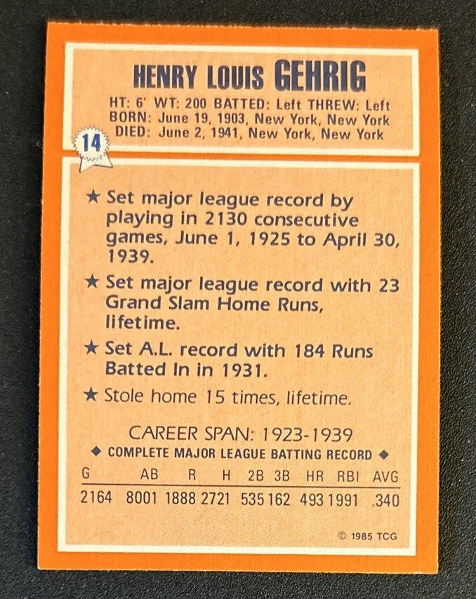 Tarjeta de béisbol Lou Gehrig 1985 Topps Collectors’ Series titular de récords de todos los tiempos 14 Foto 2 de 2
