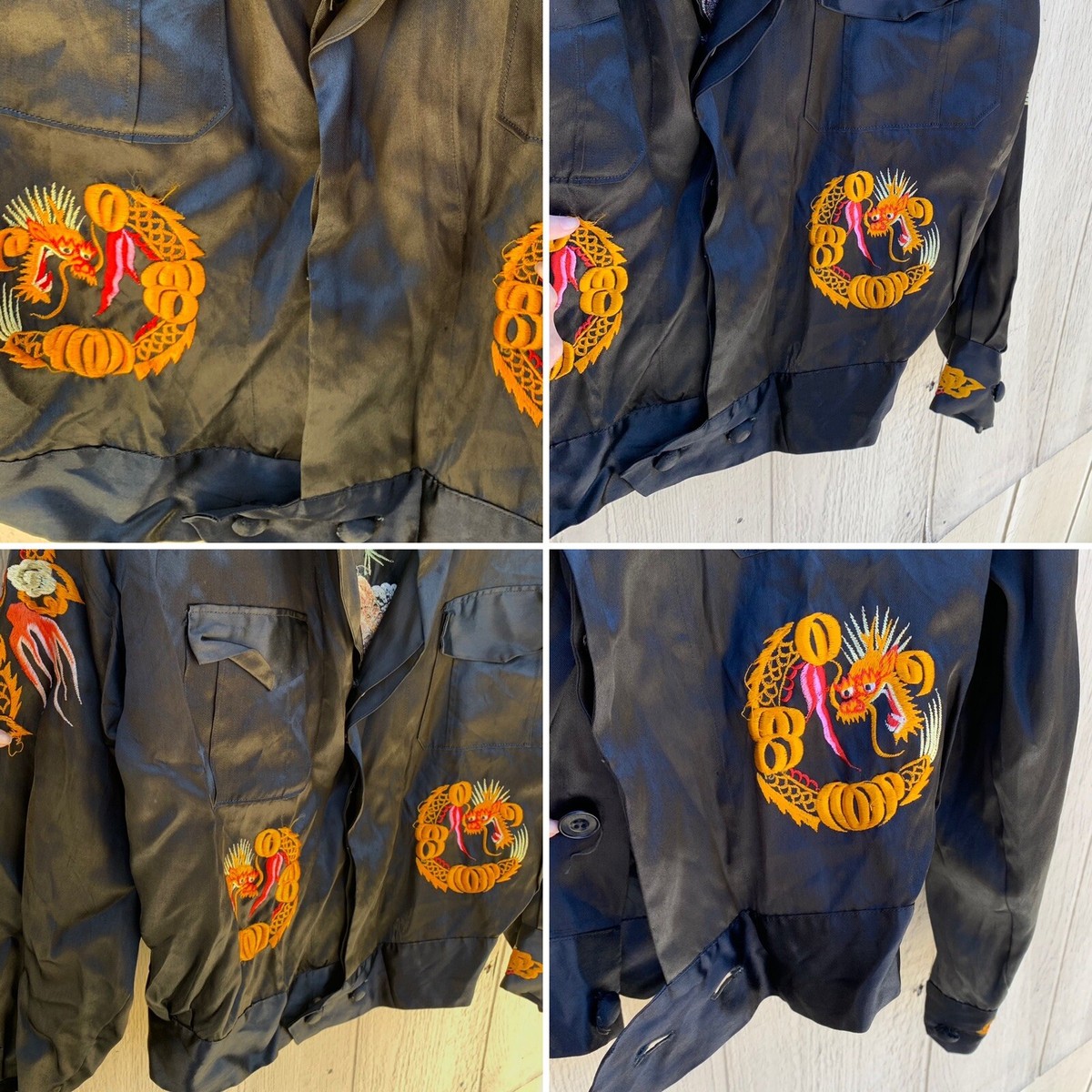 Japan embroidered souvenir jacket black satin look vintage Ike
