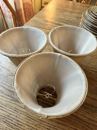 EUC 3 Burlap Hardback Chandelier Shades Clip On 5” Tall 6” Wide3” Top - Picture 5 of 5