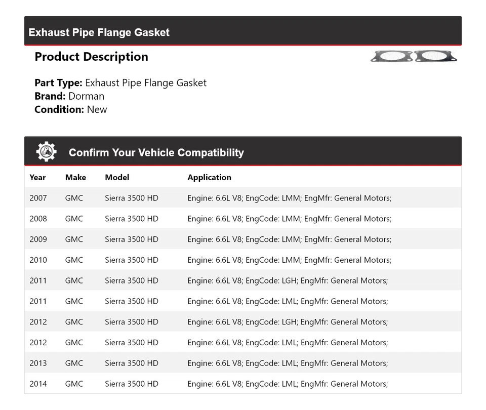 Junta de brida de tubo de escape Dorman 2008 para GMC Sierra 3500 HD 6,6 L V8 Foto 2 de 4