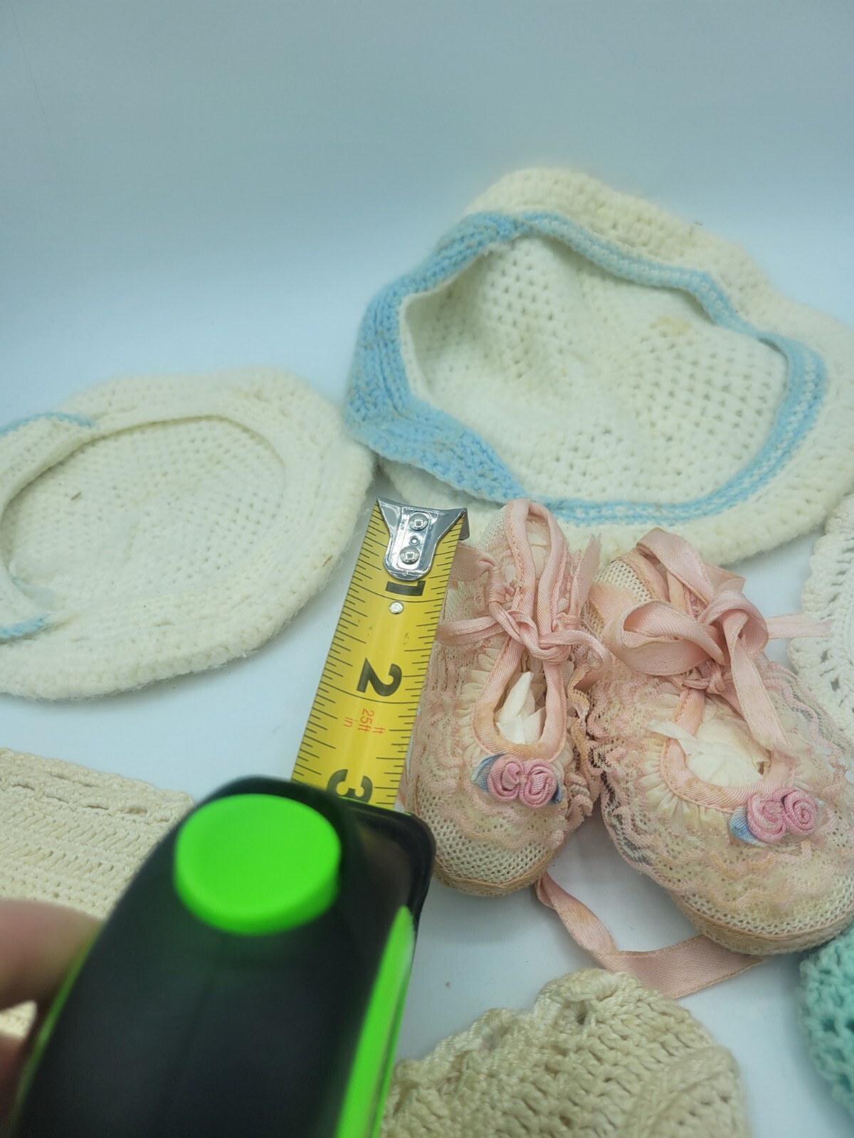 Antique Baby Clothes Crocheted Knotted Pair Booties , Bib And Hat