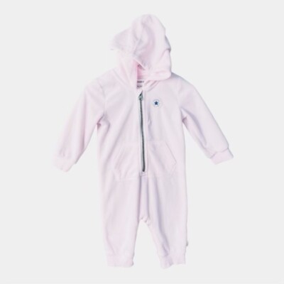 Converse Baby Girls Pink Cozy Soft Velour Zip Up Hooded Romper Jumpsuit Sz  9-12M