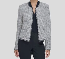 Calvin Klein Women's White Black Tweed Open-Front Blazer Jacket Size 16