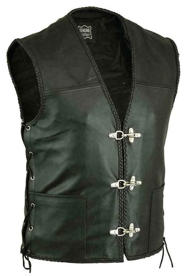 Men Real Leather Black Fish Hook Buckle Side Lace Motorcycle Vest - Waistcoat