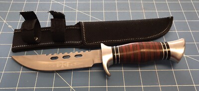 Columbia Iron Cross Flames USA Saber Fixed Blade Hunting Knife Saw Back w/Sheath