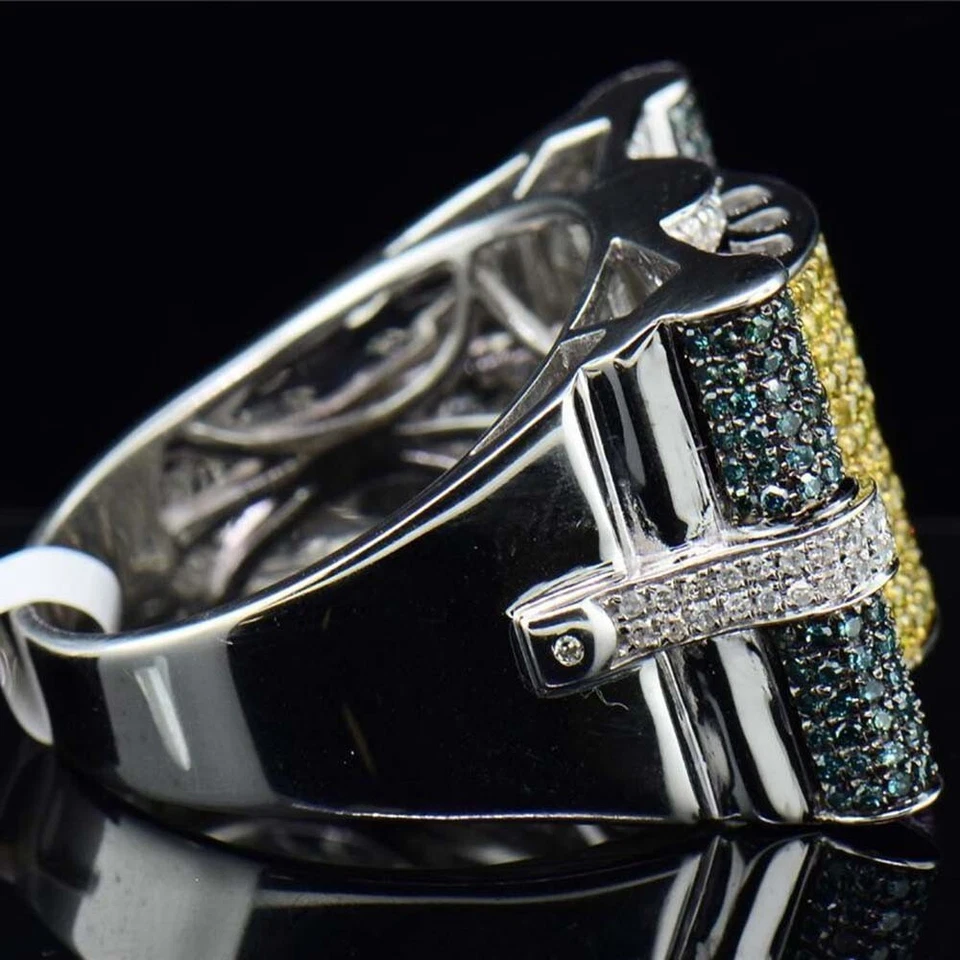 1.45 克拉蓝色和黄色钻石 14K 镀白金声明戒指男式戒指 — 第 3/4 张图片