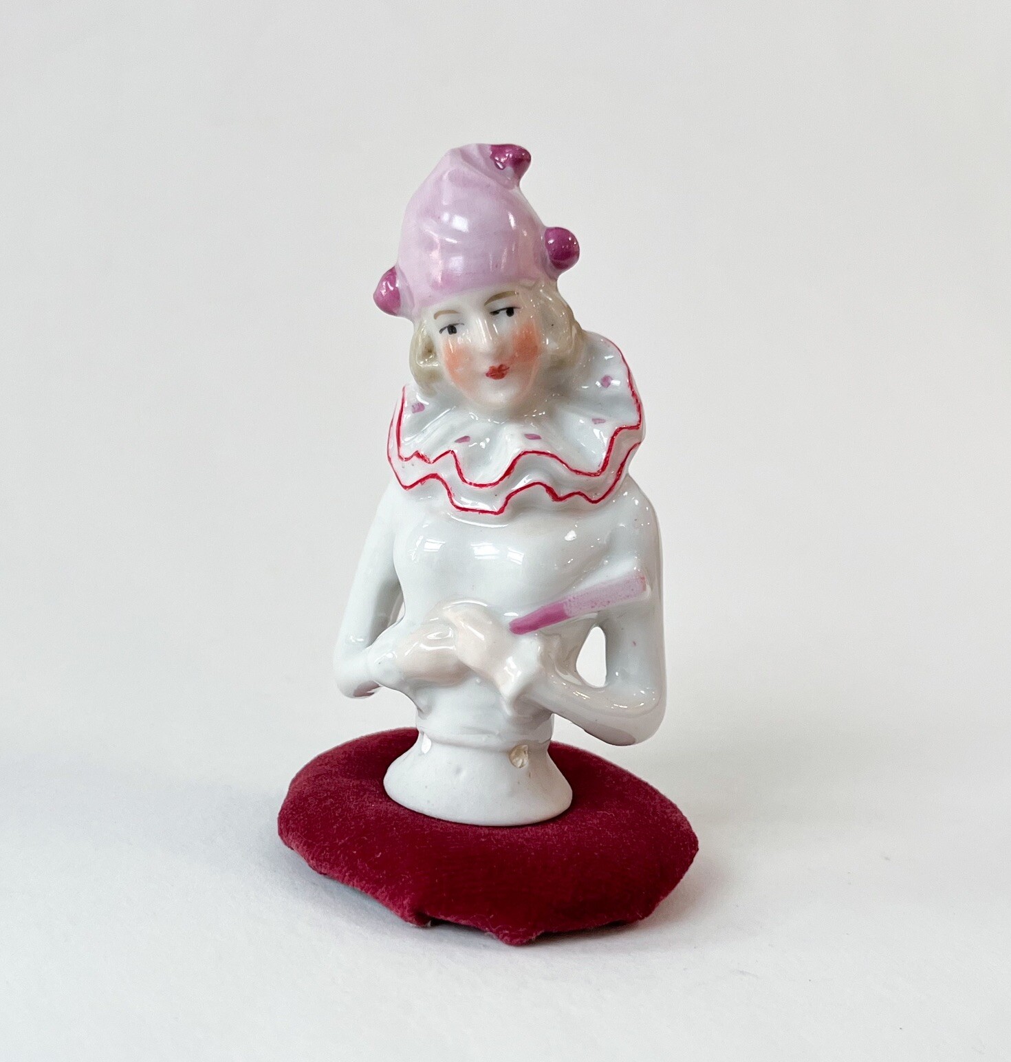 Pierrette Clown Lady Pin Cushion Half Doll Figure Porcelain German Vtg
