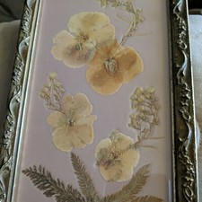 Vintage Dried Pressed Yellow Flowers Floral Gold Picture Frame Beautiful.....