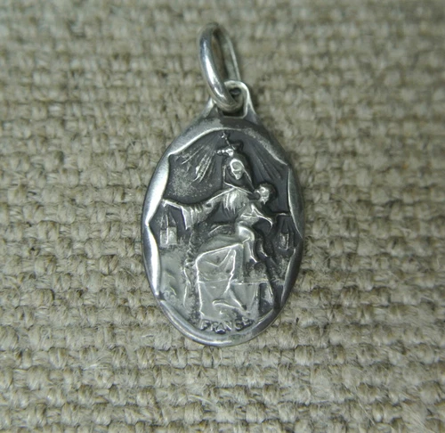 French Antique Religious Silver Pendant Virgin Mary  Sacred Heart Jesus Signed
