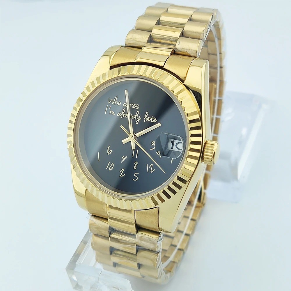 Who Cares I'm Already Late NH35 Watch Sapphire Yellow Gold Presidential Strap