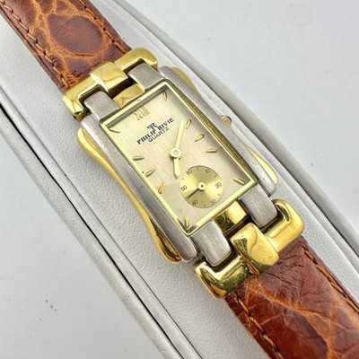 Philip Rivie Watch Two Tone Rectangular Small Seconds Leather Strap, New Battery