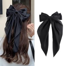 Silky Satin Oversized Long-tail Bow Clip, Large Black Hair Bow for Women Girl, H
