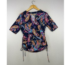 Boho Beach Lands' End Womens S Navy Blue Paisley Ruched Side Tie Swim Tee Shirt
