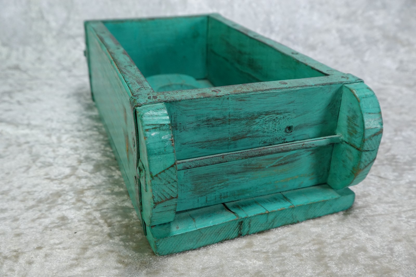 Primitive Carved Wood Brick Mold 'M D' Imprint Turquoise Rustic Painted Finish