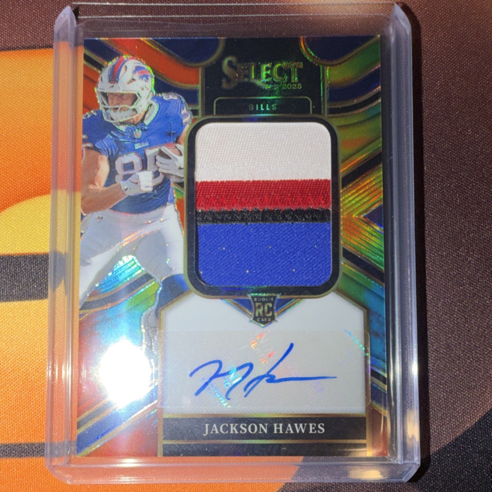Panini 2025 Select Jackson Hawes Bills Jumbo Rookie Tie-Dye Prizm Auto #JRS-JHA 