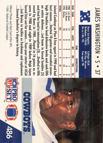 James Washington 1991 Pro Set 486 Dallas Cowboys Rookie Football Card - Picture 2 of 2