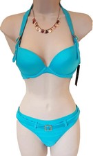 Woman's blue Bikini Set Top Bottoms Push Up Moulded Halter neck Underwired New