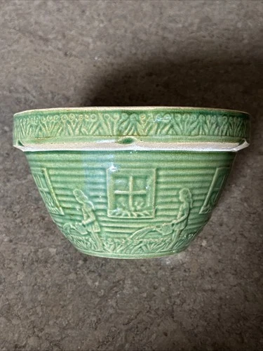 VINTAGE 7” GREEN YELLOWARE STONEWARE POTTERY GIRL WITH WATERING CAN MIXING BOWL