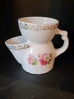 Vintage Shaving Scuttle Mug Cup Porcelain Gold Trim Pink Flowers Victorian 