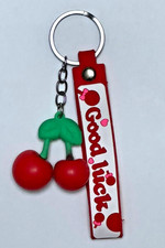 Cute cherry keychain with soft red cherries and  Good Luck  strap
