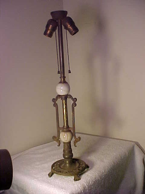 Antique Cast Iron & Brass Lamp Base and Stem with 2 Slag Glass Orbs (balls)