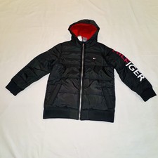 Boys' Tommy Hilfiger Black 10/12 Hooded Bomber Jacket Logo Zip w Chin Guard NWT