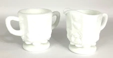 Vintage Westmoreland White Milk Glass Open Creamer and Sugar Grapevine Design.