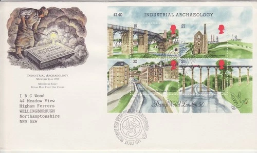 GB Stamps First Day Cover Industrial Archaeology MS, bridge canal, Mill SHS 1989