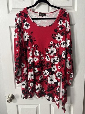 DG2 Diane Gilman Top Plus Size 1X Asymmetrical Red White Black Floral Cotton