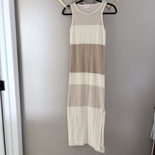 Pink Lily Neutral Striped Knit Side Slit Maxi Dress Size S Sleeveless Tan Cream