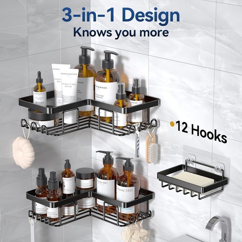 L-Shaped Corner Shower Caddy Adhesive Organizer Rustproof W/ Hooks Soap Holder