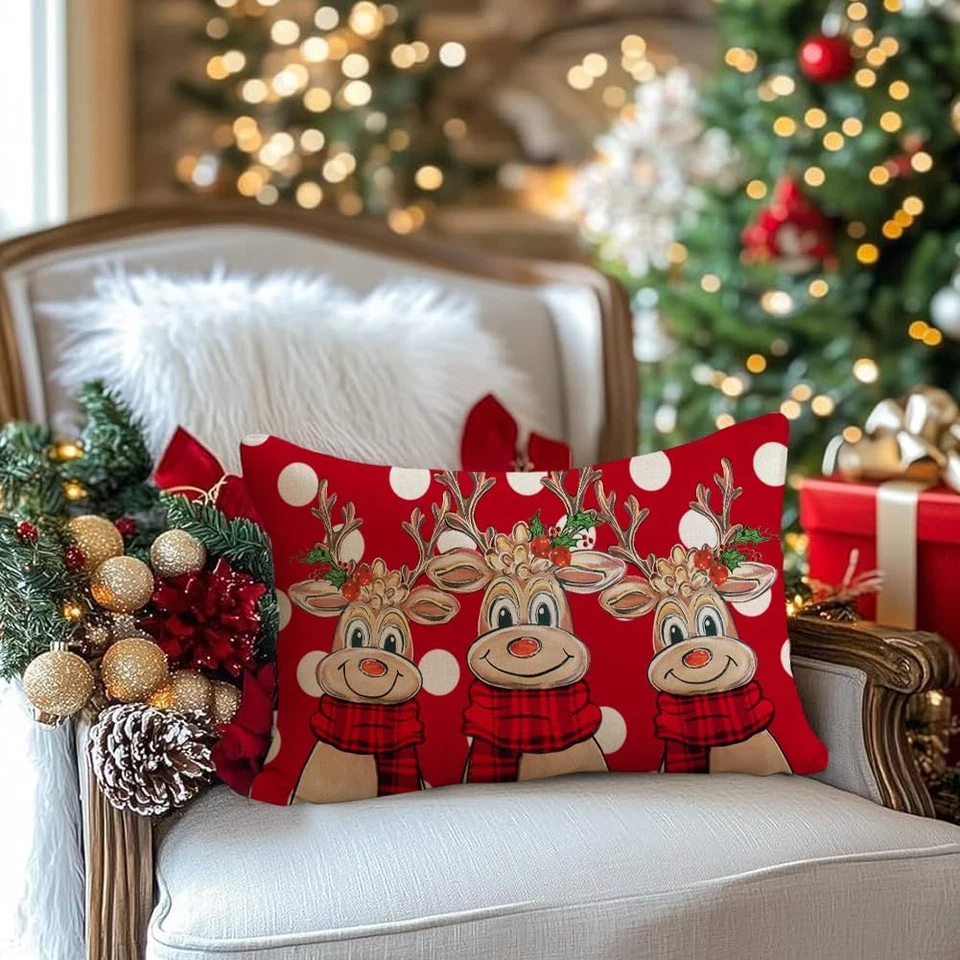 Capas de travesseiro vermelhas de Natal 12X20 polegadas, almofada lombar de bolinhas de frutas de renas - Imagem 2 de 4