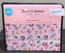 Juicy Couture QUEEN Christmas Sheet Set Candy Cane,Bows,Gingerbread Hearts,Berry
