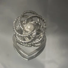 Vintage Scarf Clip Womens Silver Tone Faux Pearl Rope Twist Round Retro Jewelry