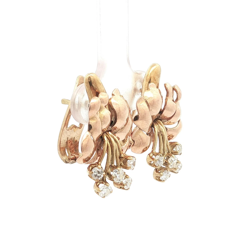 Pendientes Omega Vintage Retro Oro Amarillo y Rosa 0,60ct Diamante Ramo Flor Foto 2 de 4