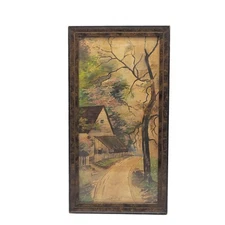 Antique Oil Painting on Canvas House On Country Lane White Picket Fence Framed
