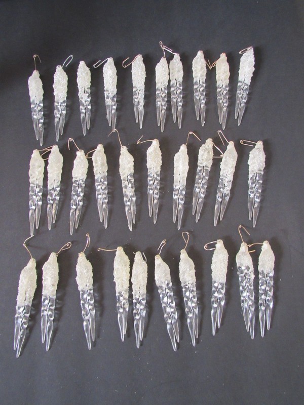 Set Of 30~Vintage MCM Acrylic Double Drip Icicle Ornaments 4" Mica Gliitter Top