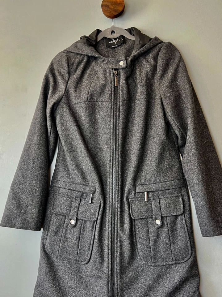 Vertigo Paris Gray Wool Blend Hooded Coat Medium Zip Front Pocket Detail - Image 4 of 4