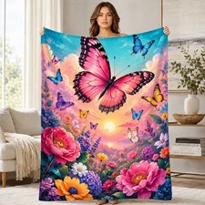 Dreamy Butterfly Garden Coral Fleece Throw Blanket - Serene Butterfly Throw