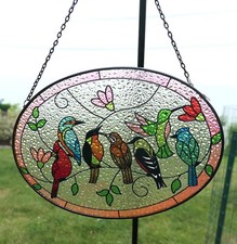 Lg Stained Glass 7 Various Birds Sun Catcher Hand Painted Oval Metal Frame 9.5"