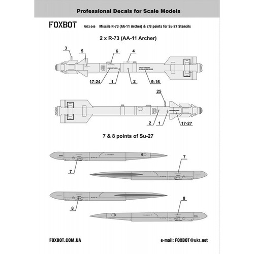FOXBOT 72-049 Scale 1:72 Decals Soviet Missile R73 7/8 points for Su-27 Stencils - Picture 3 of 24
