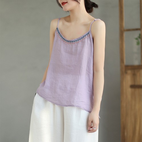 Damen Stickerei Baumwolle Leinen ärmellos Camisole Slip Weste Sommer Bluse Tops - Bild 14 von 21